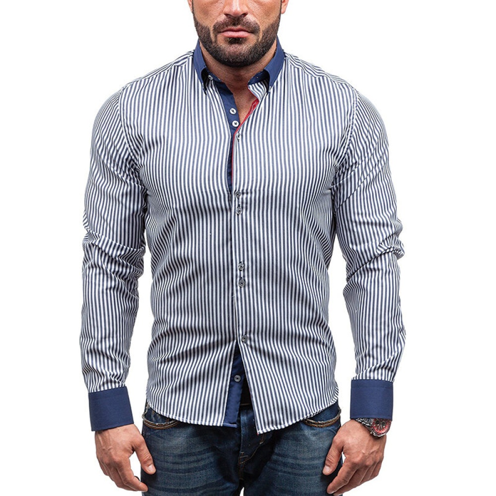 Mens Fashion Splice Vertical Striped Printing Casual Shirts - 2XL Navy