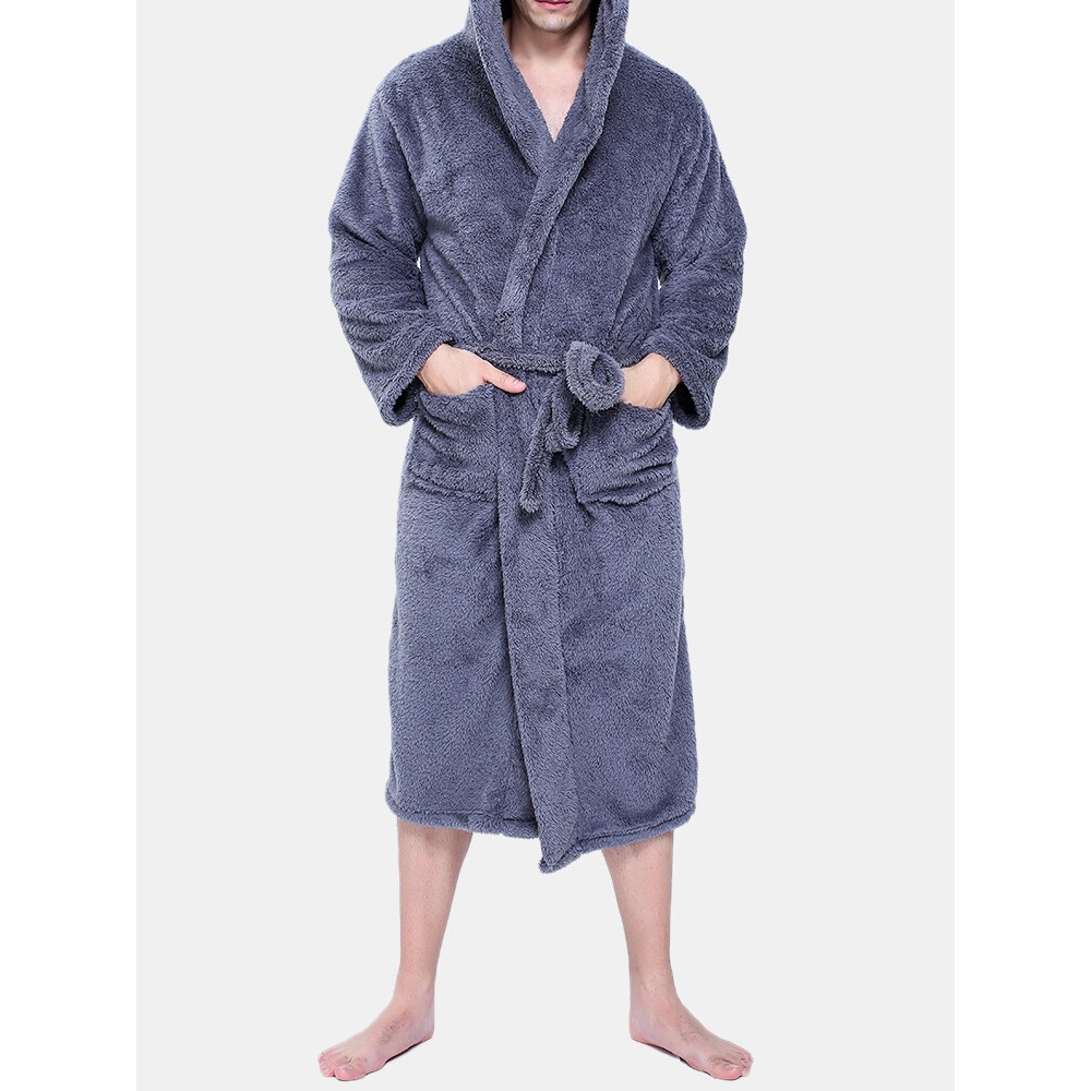 Men Flannel Pockets Bathrobe Pajama Hooded Sleepwear Robe - XL Navy