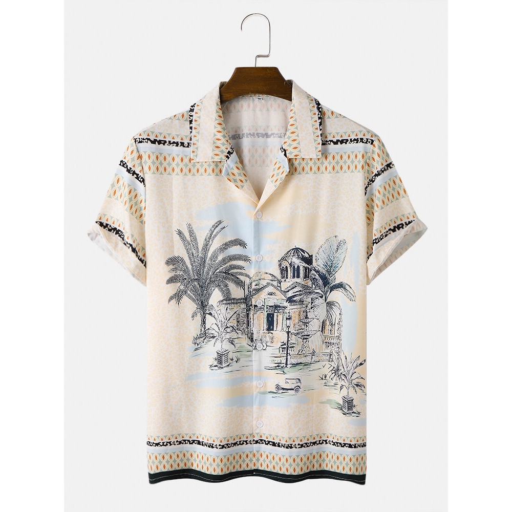 Mens Holiday Landscape Print Short Sleeve Shirts - Apricot 2XL