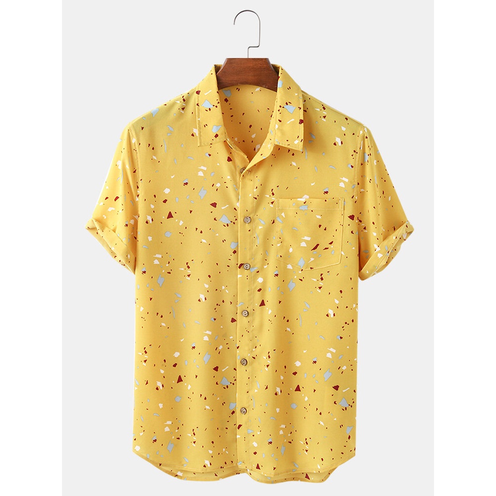 Mens Geometry Graphics Printed Short Sleeve Designer Shirts - Yellow S