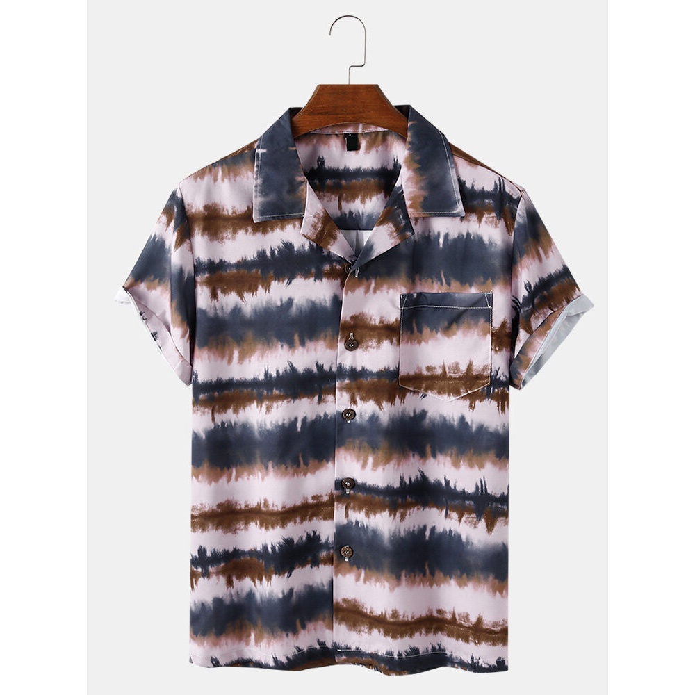 Mens Tie Dye Striped Print Loose Light Casual Short Sleeve Shirts - Black XL
