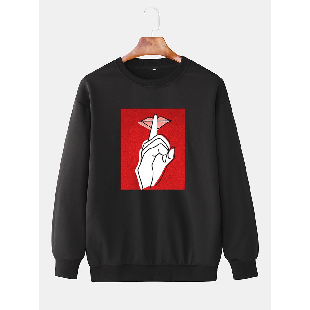 Mens Gesture Print Pullover Drop Shoulder Simple Sweatshirts - Black M