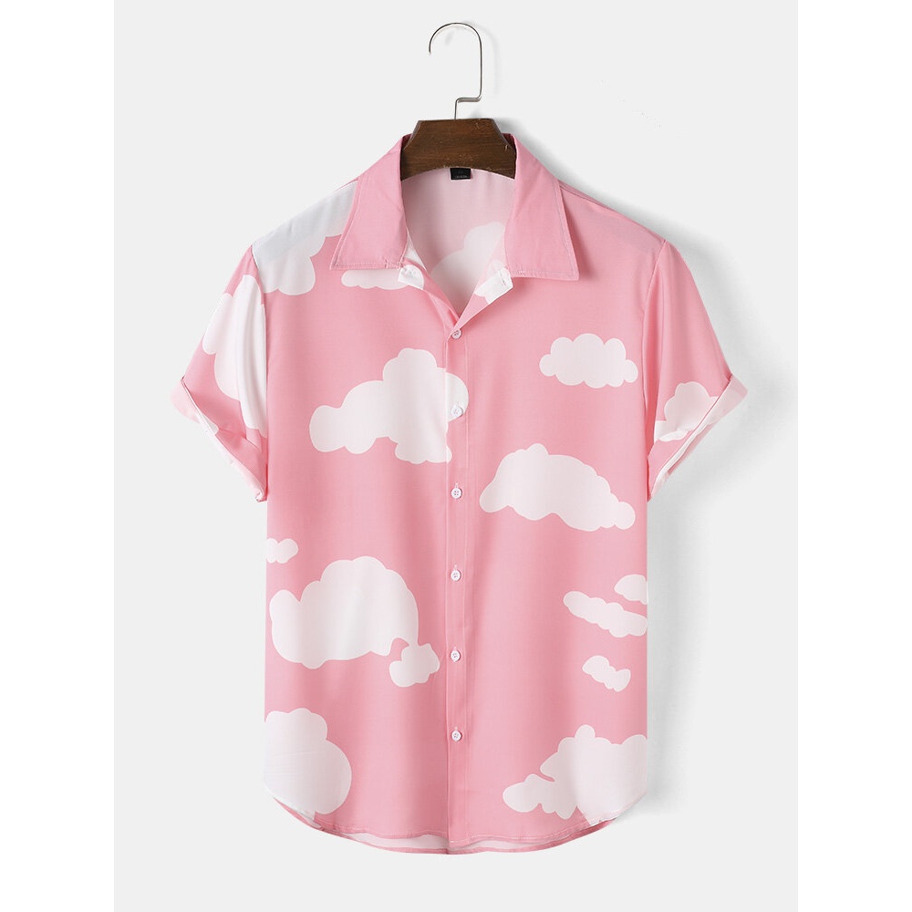 Mens Sky & White Clouds Comfort Healing Lapel Shirt - Pink M