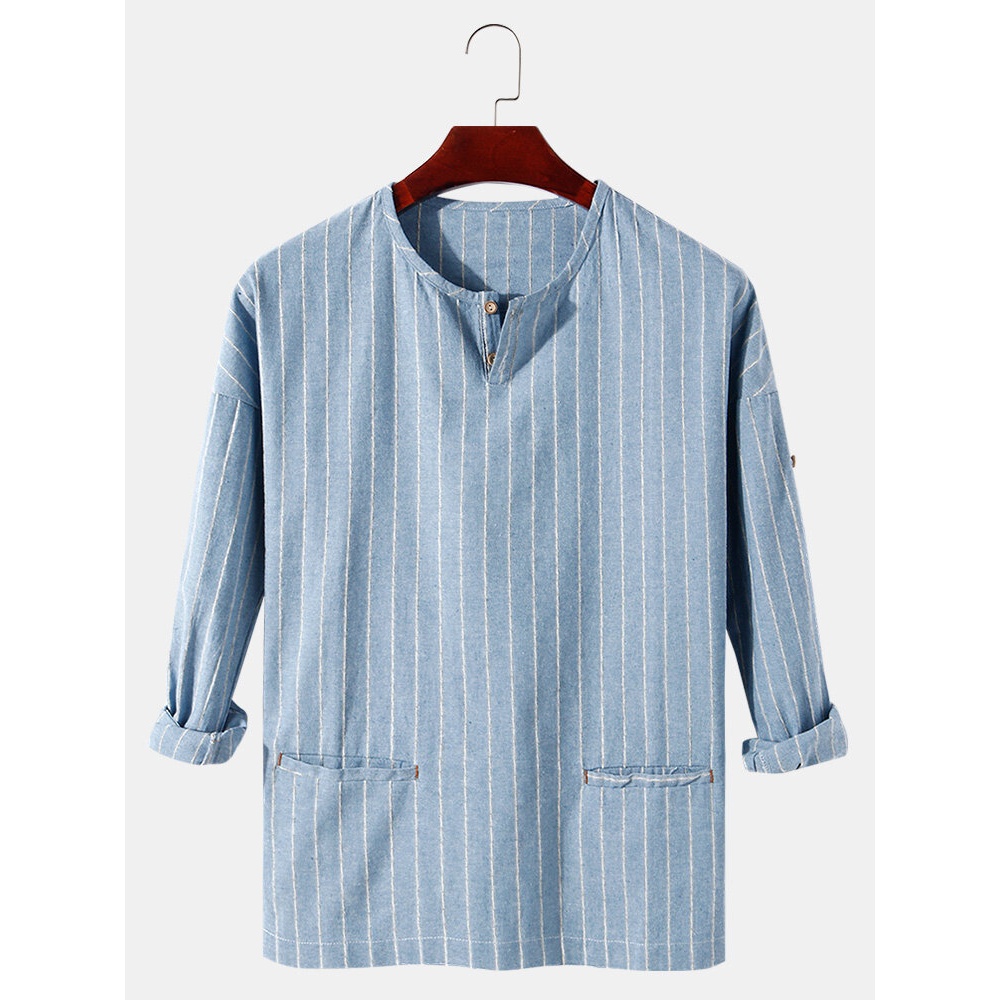 Mens Stripe Half Open Collar Double Pocket Casual Henley Shirts - Navy S