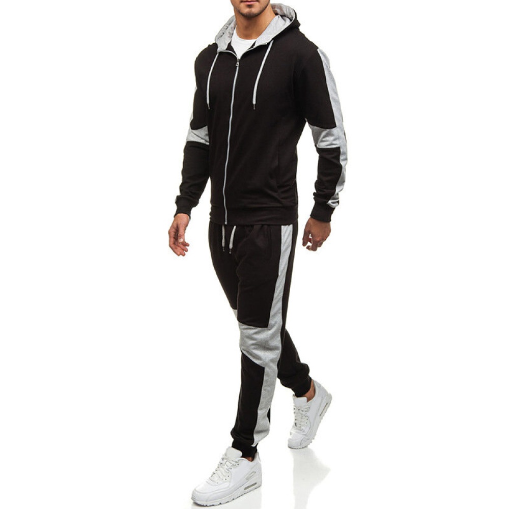 Mens Casual Sport Patchwork Hit Color Running Pants Hooded Fashion Suit - L Black - Image 2