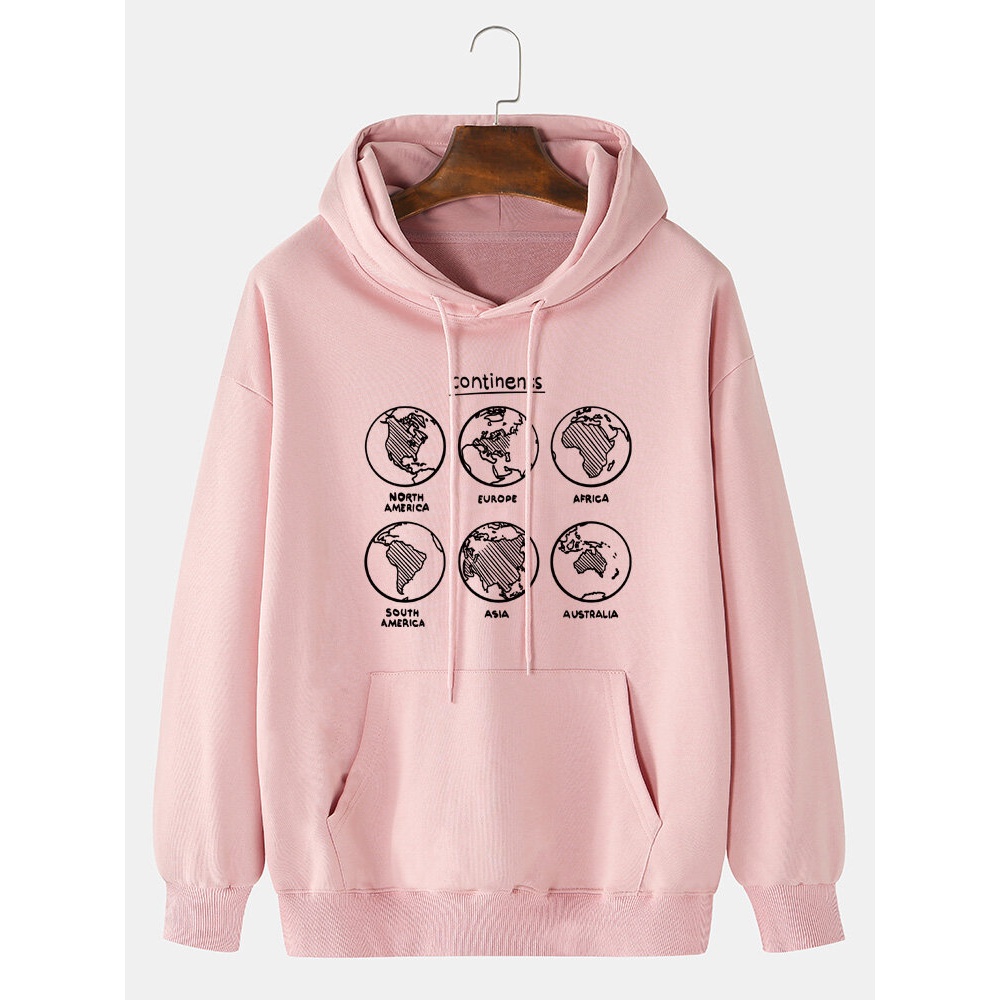 Mens 100% Cotton Map Printing Kangaroo Pocket Drop Shoulder Hoodies - Khaki M