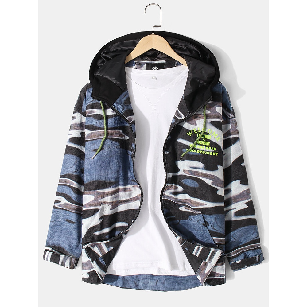 Mens Camouflage Letter Embroidery Kangaroo Pocket Zipper Hoodie Jacket - L Blue