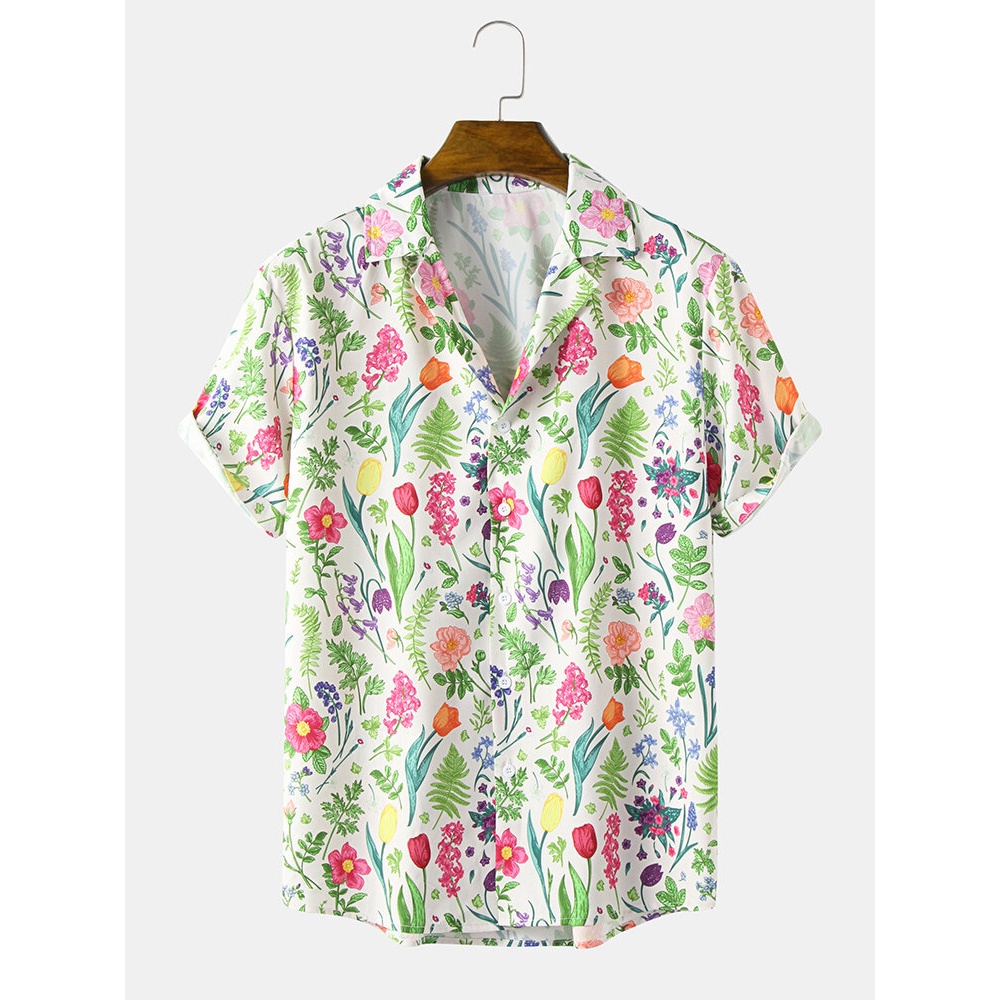 Mens Flower Print Revere Collar Short Sleeve Shirt - White S