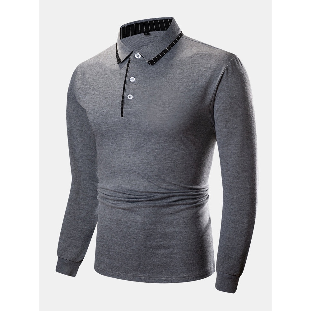 Mens 100% Cotton Stripe Collar Long Sleeve Plain Casual Golf Shirts - Grey S