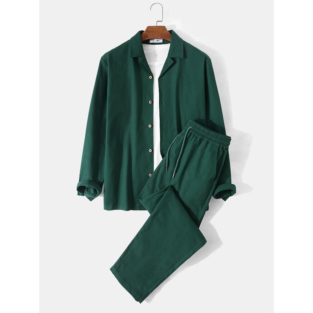Men Shirts Two-Pieces Solid Button up Drawstring Outdoor Suits - Green S