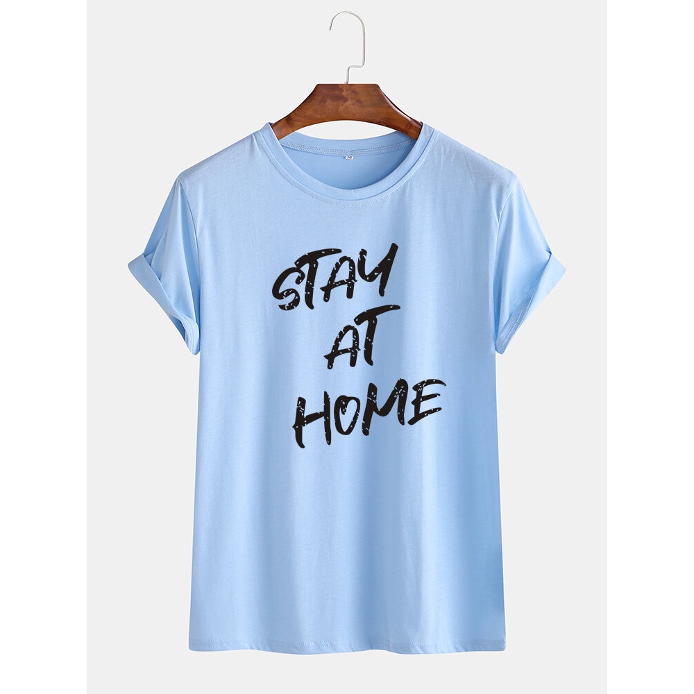 Mens Stay At Home Slogan Casual Round Neck Short Sleeve Casual T-Shirts - Light Blue S
