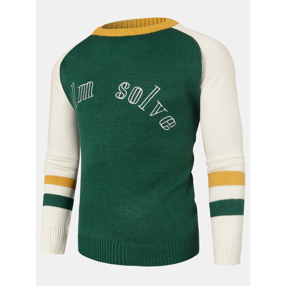 Mens Color Block Letter Embroidery Crew Neck Knitted Pullover Sweaters - Green S