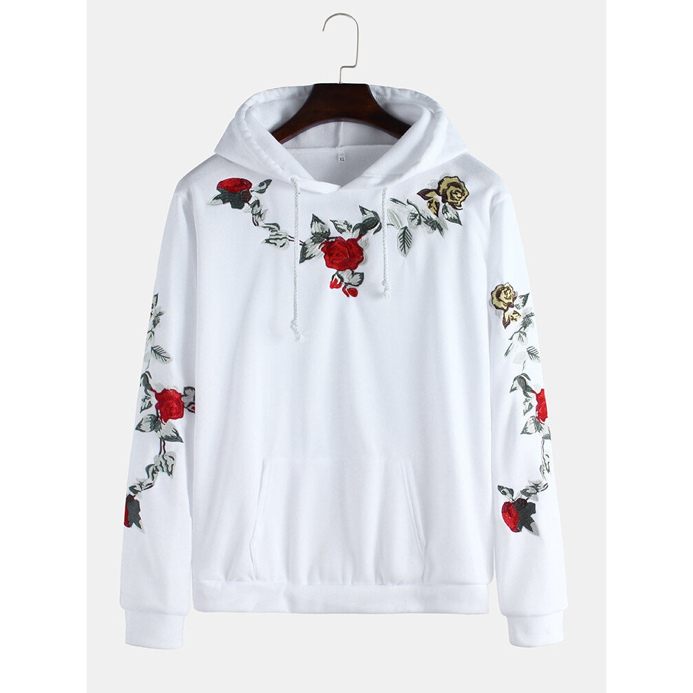 Rose Embroidery Hooded Drawstring Casual Sweatshirt - S White