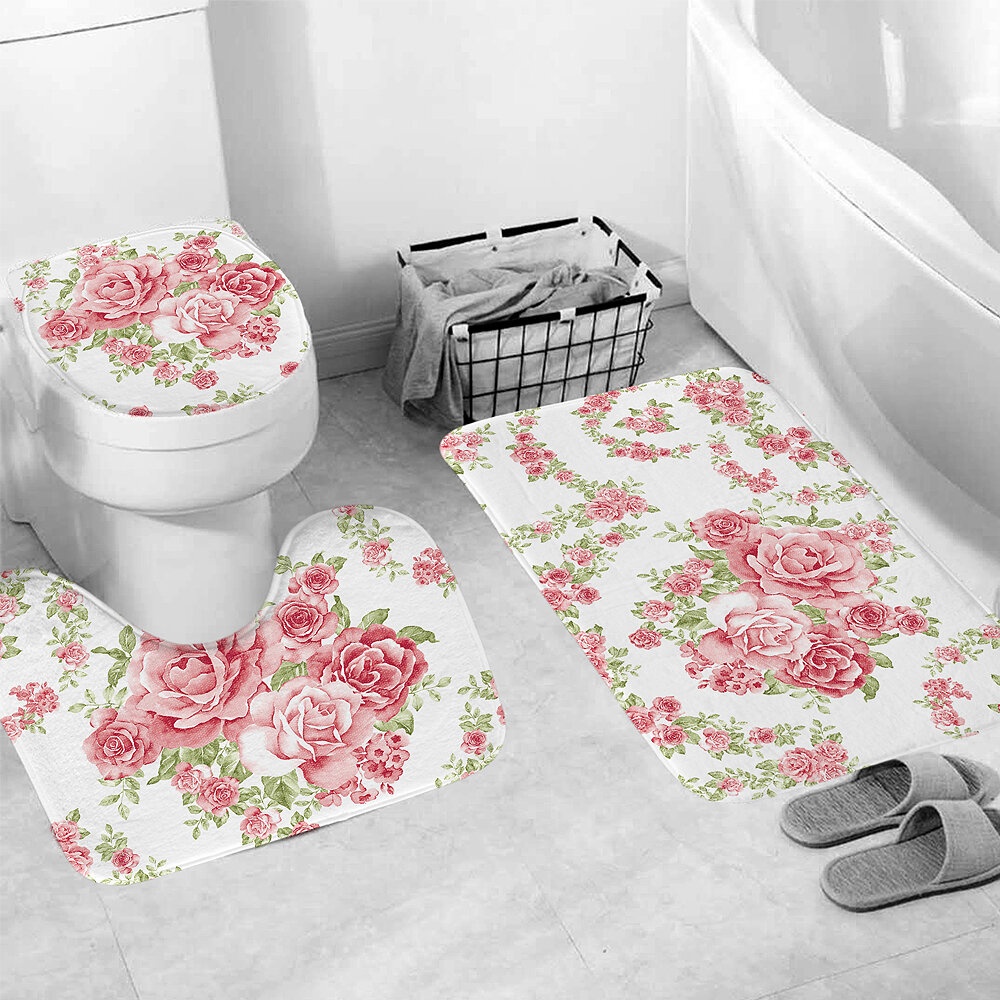 3PCS Pink Roses Flower Vine Bath Mat Set Waterproof Non-slip Toilet Rug Set - Image 2