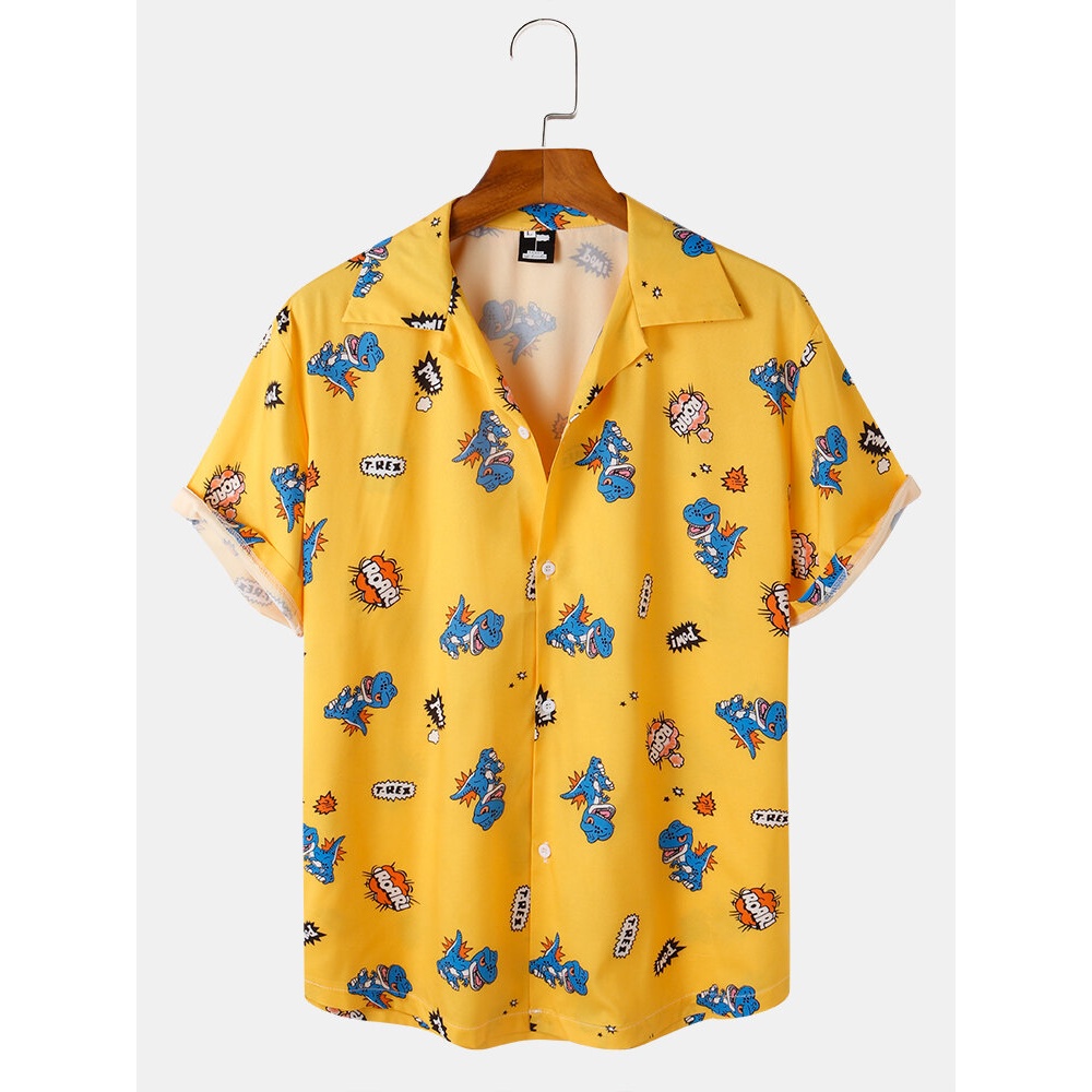 Mens Dinosaur Cartoon Print Revere Collar Loose Short Sleeve Shirts - Yellow M