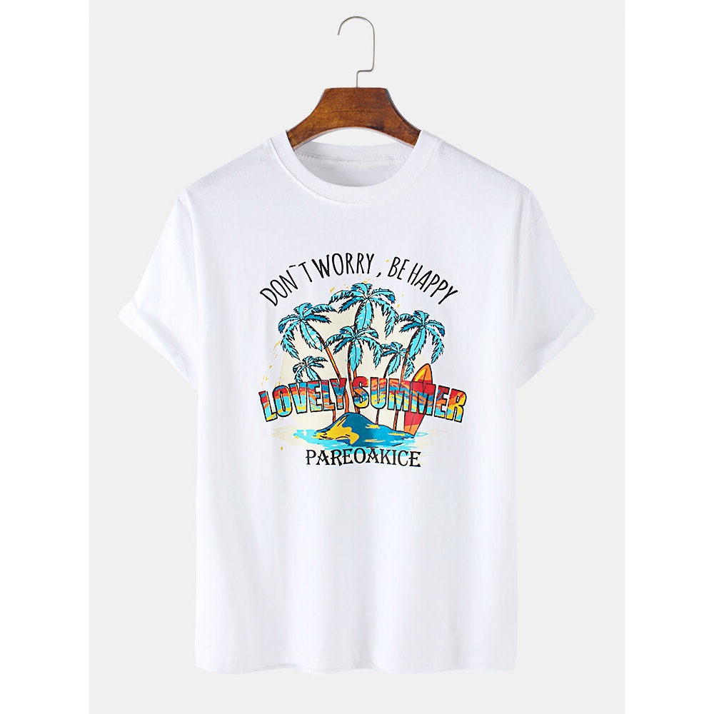 Men 100% Cotton Slogan Sea Island Landscape Print Casual Short Sleeve T-Shirts - White M