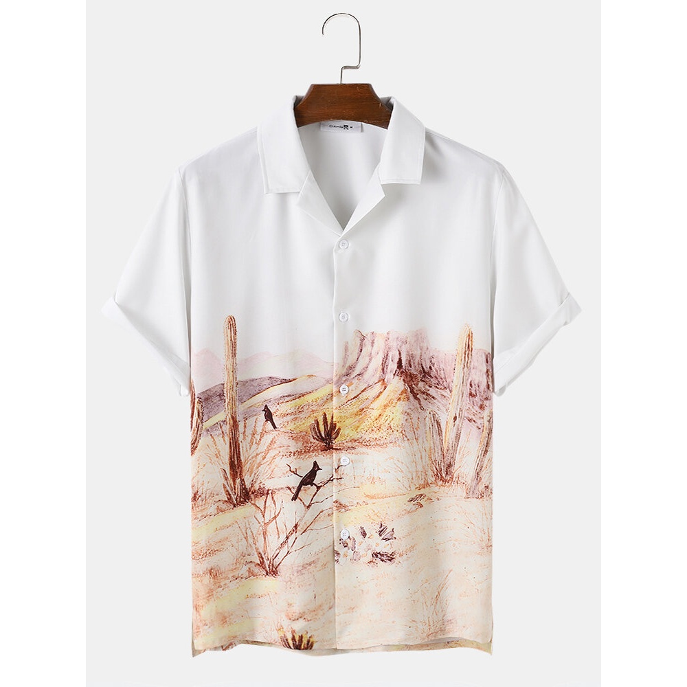 Mens Casual Landscape Print Patchwork Short Sleeve Shirts - White S
