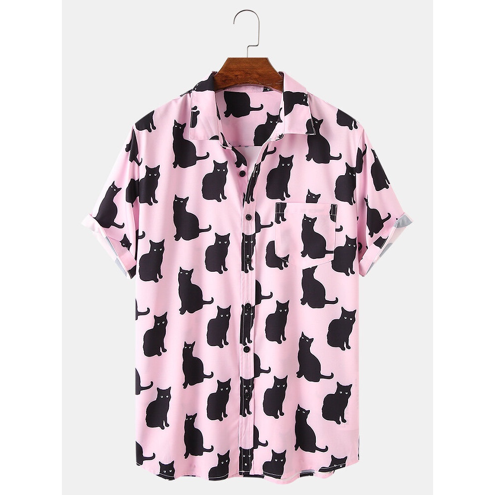 Mens Cartoon Cat Print Loose Casual Lapel Short Sleeve Shirts - Pink M