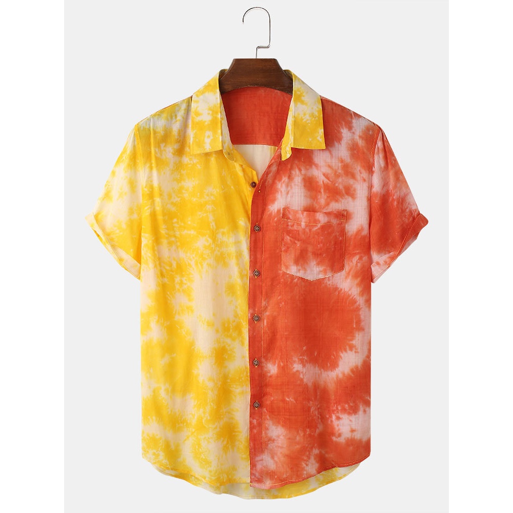 Mens 100% Cotton Patchwork Lapel Collar Casual Shirts - Yellow S