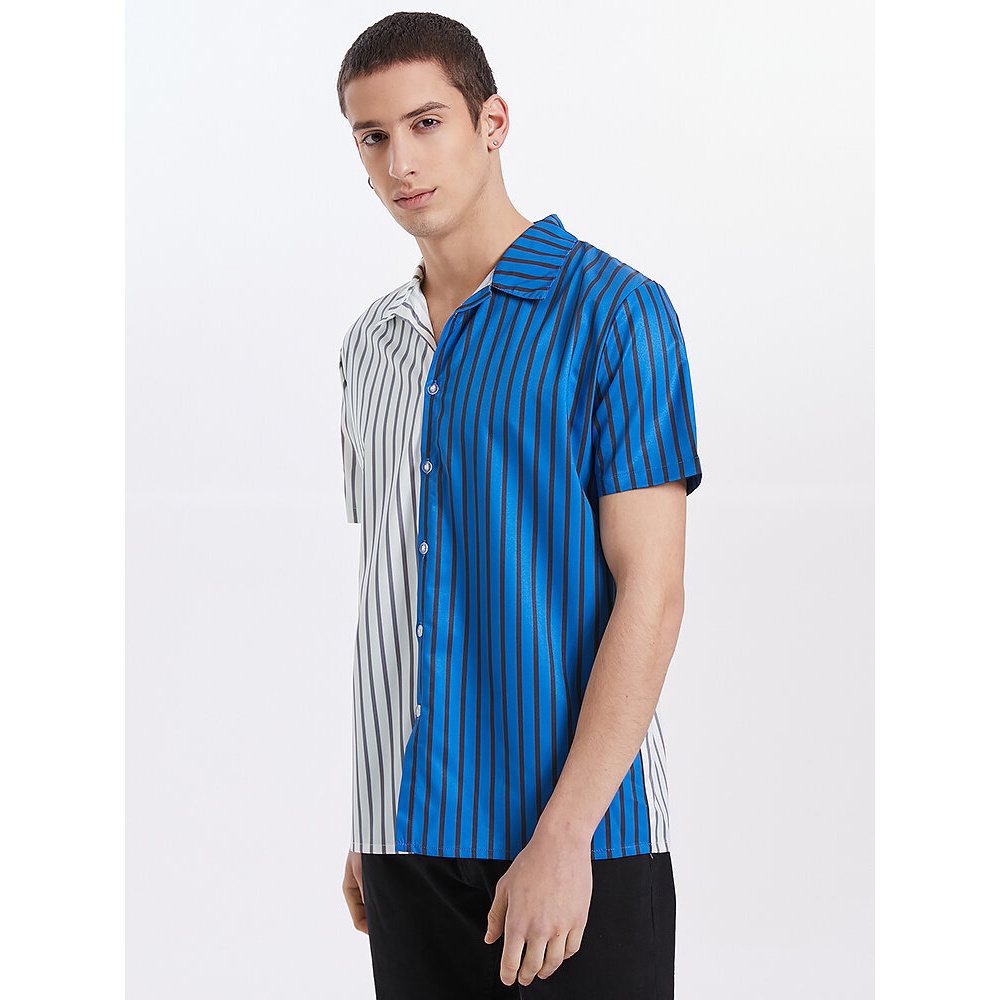 Mens Striped Lapel Patchwork Button Up Short Sleeve Shirts - Blue M