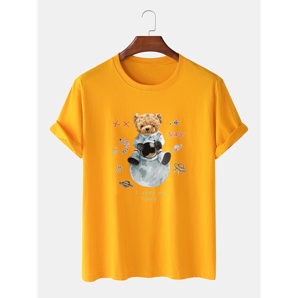 Mens 100% Cotton Astronaut Bear Print Cute Short Sleeve T-Shirts - Black L