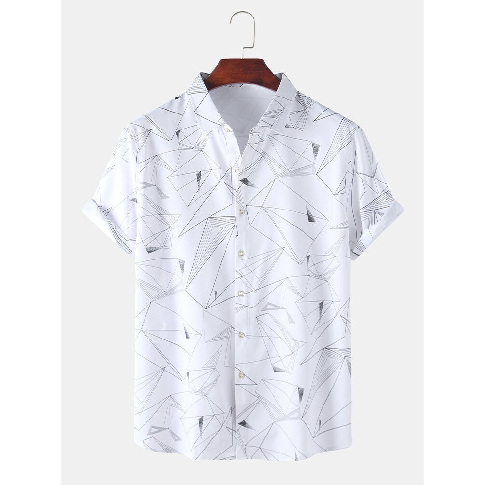 Mens Designer Geometry Print Button Up Casual Short Sleeve Shirts - White 2XL