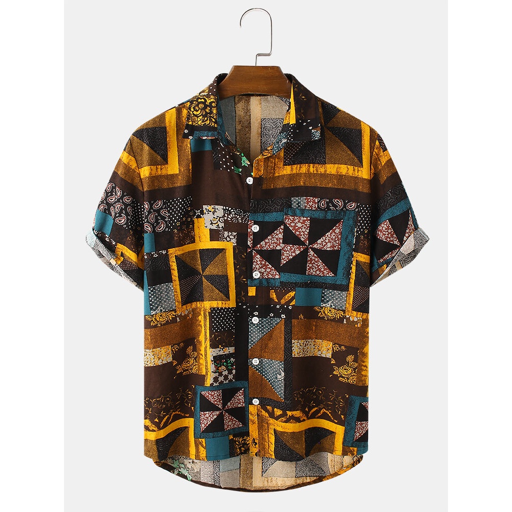 Mens Vintage 100% Cotton Abstract Patterns Pocket Casual Shirts - Yellow S