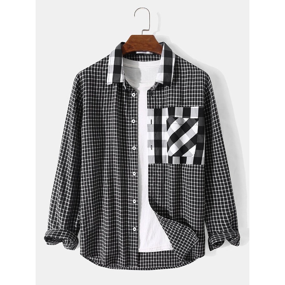 Men Gingham Plaid Patchwork Long Sleeve Casual Shirts - Black S
