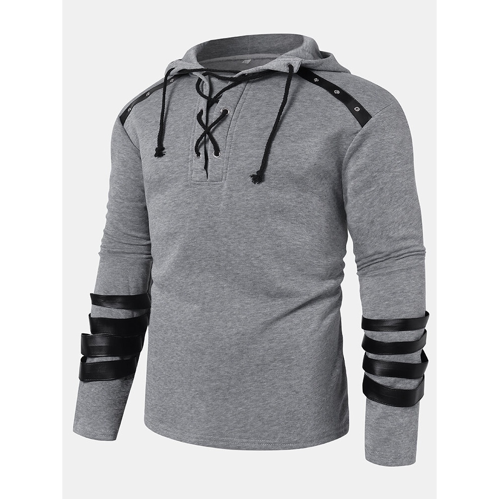 Mens Drawstring Collar Long Sleeve Detail Designer Plain Casual Hoodie - Black M