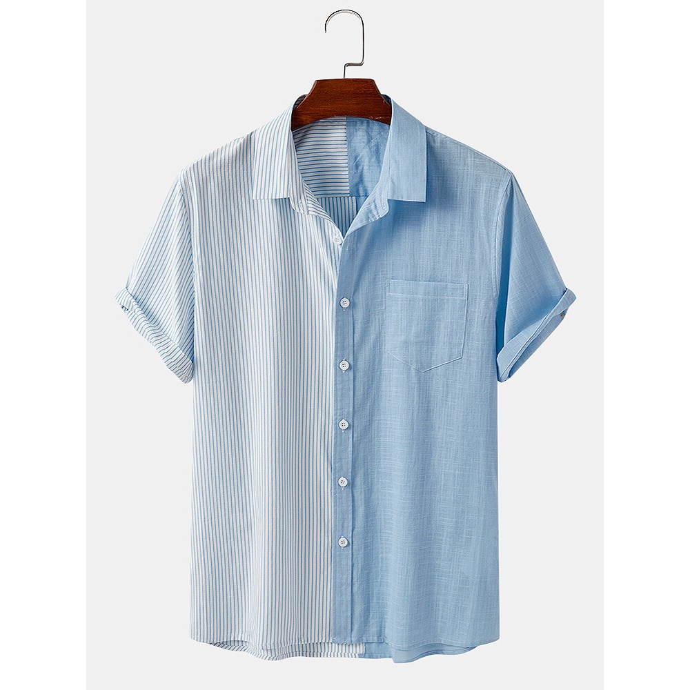 Mens 100% Cotton Patchwork Striped Solid Color Pocket Shirts - White S