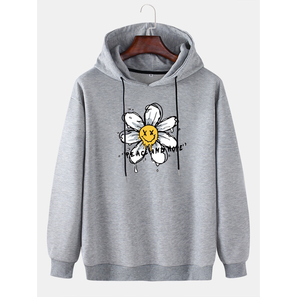 Mens Fnuuy Floral & Letter Print Drop Shoulder Long Sleeve Casual Hoodies - Red L