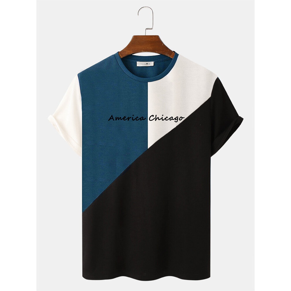 Mens Veins Letter Pattern Knitted Patchwork Crew Neck T-Shirts - Sky Blue M