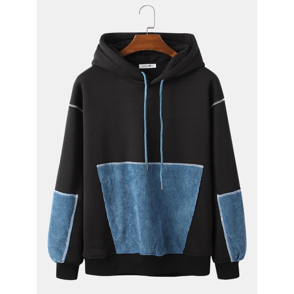 Mens Black Patchwork Corduroy Long Sleeve Casual Hoodies With Pocket - Black S