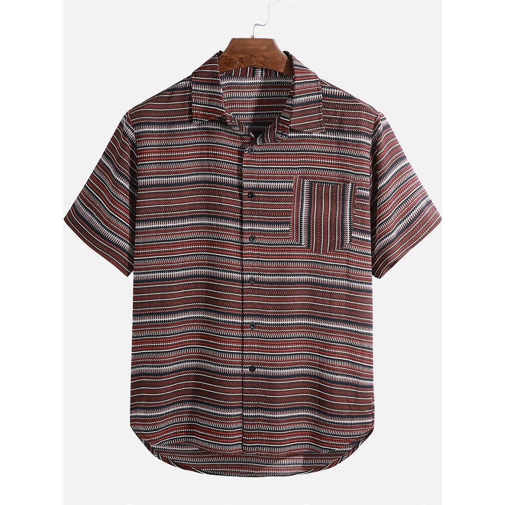 Mens Vintage Striped Chest Pocket Short Sleeve Loose Shirts - XL Purple