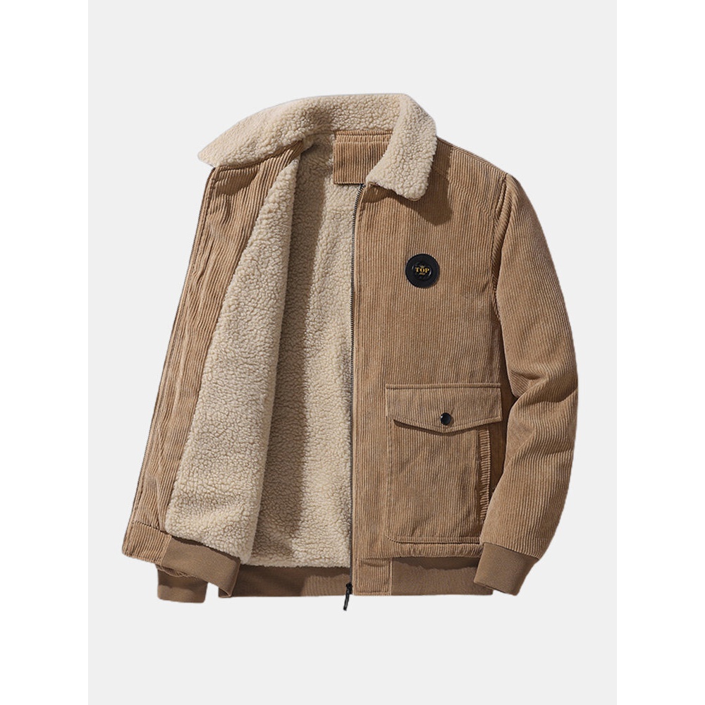 Men Corduroy Lamb Wool Solid Color Long Sleeve Pocket Jackets - Yellow M