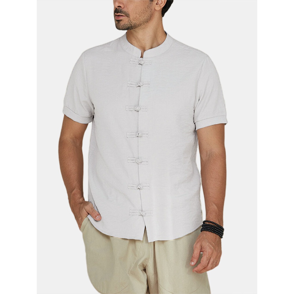 Mens Chinese Style Ethnic Stand Collar Slim Fit Short Sleeve Shirts Tops - S Black