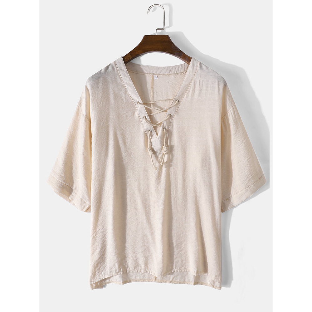 Mens Solid Color V-Neck Bandage Relaxed Fit Half Sleeve T-Shirts - White M