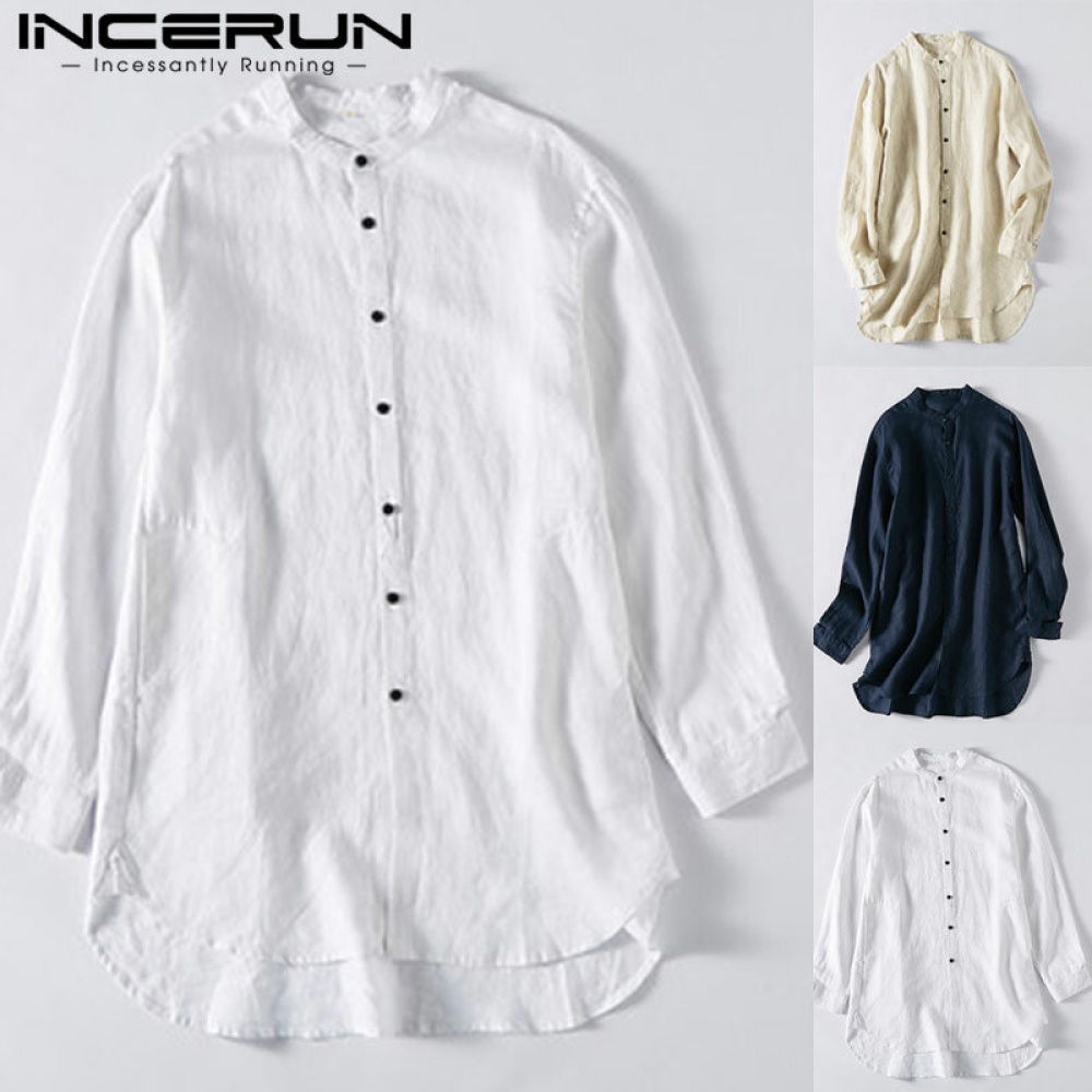 Men's Vintage Linen Blouse Long Sleeve Casual Loose Button Front Shirts Tops Tee - 3XL Navy