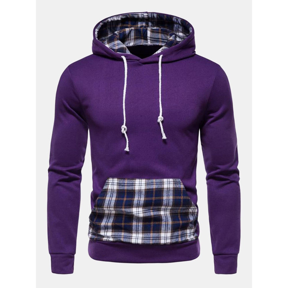 Men Patchwork Plaid Kangaroo Pocket Drawstring Casual Hooded Sweatshirt - Purple L