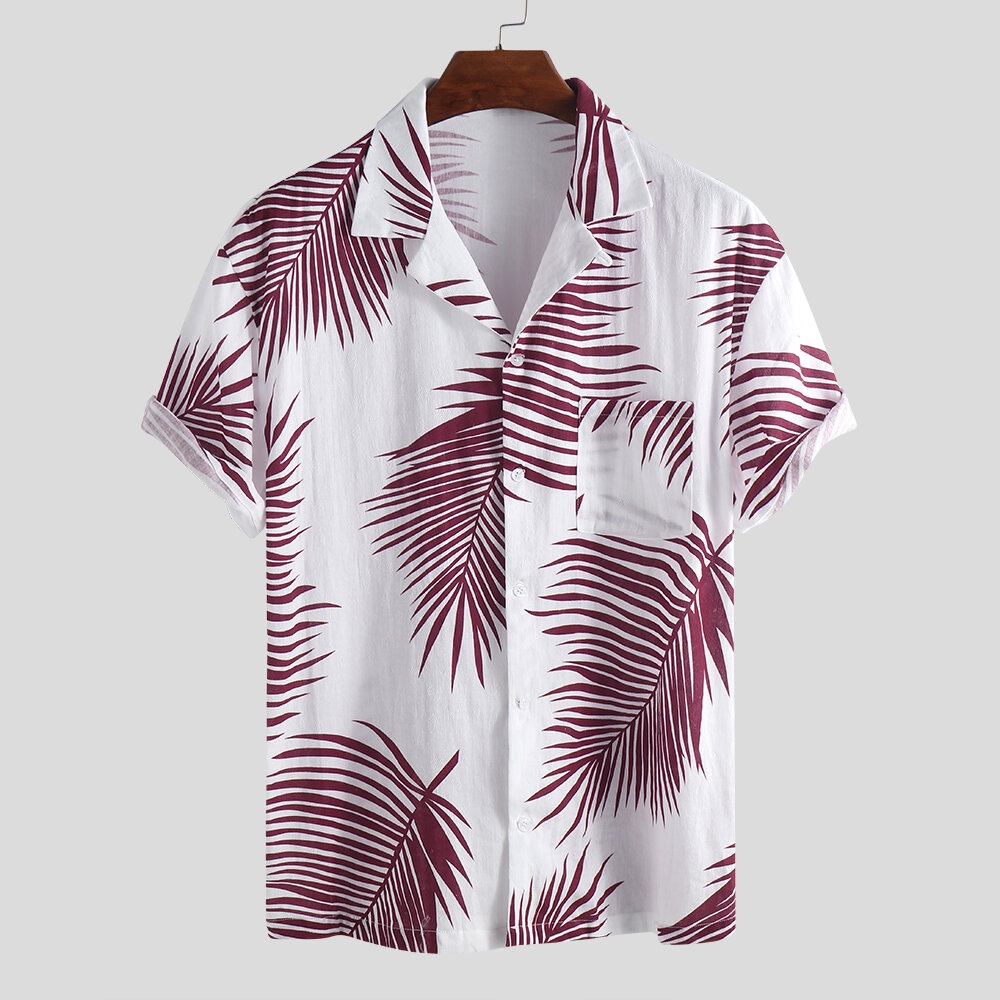 Men Palm Leaves Printed 100% Cotton Hawaiian Beach Shirts - 2XL Red