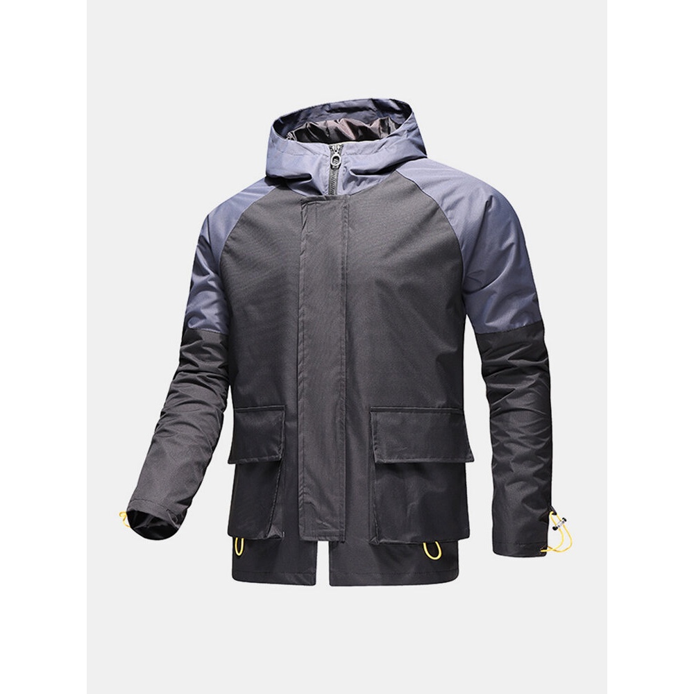 Mens Contrast Patchwork Zip Front Waterproof Drawstring Cuff Hooded Outdoors Jackets - Black L
