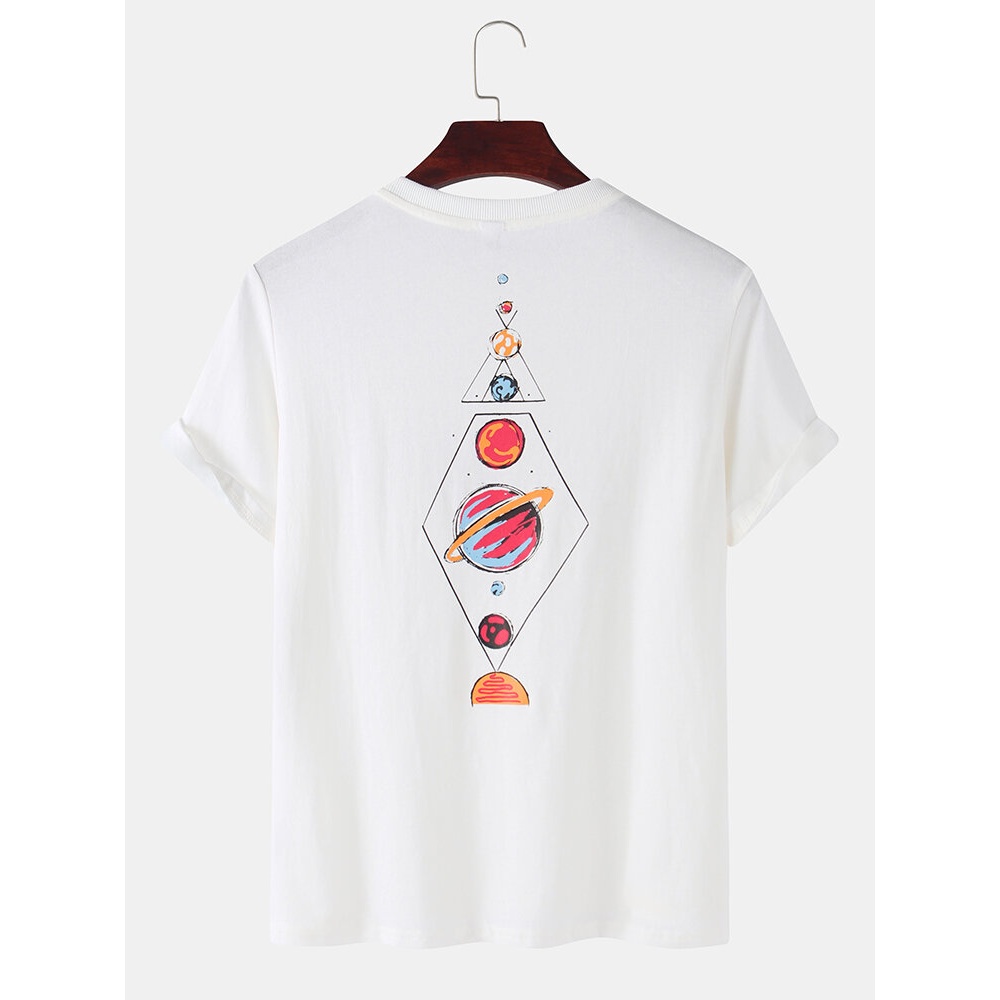 Colorful Planet Cartoon Back Print Round Neck Cotton Short Sleeve T-Shirts - Black M