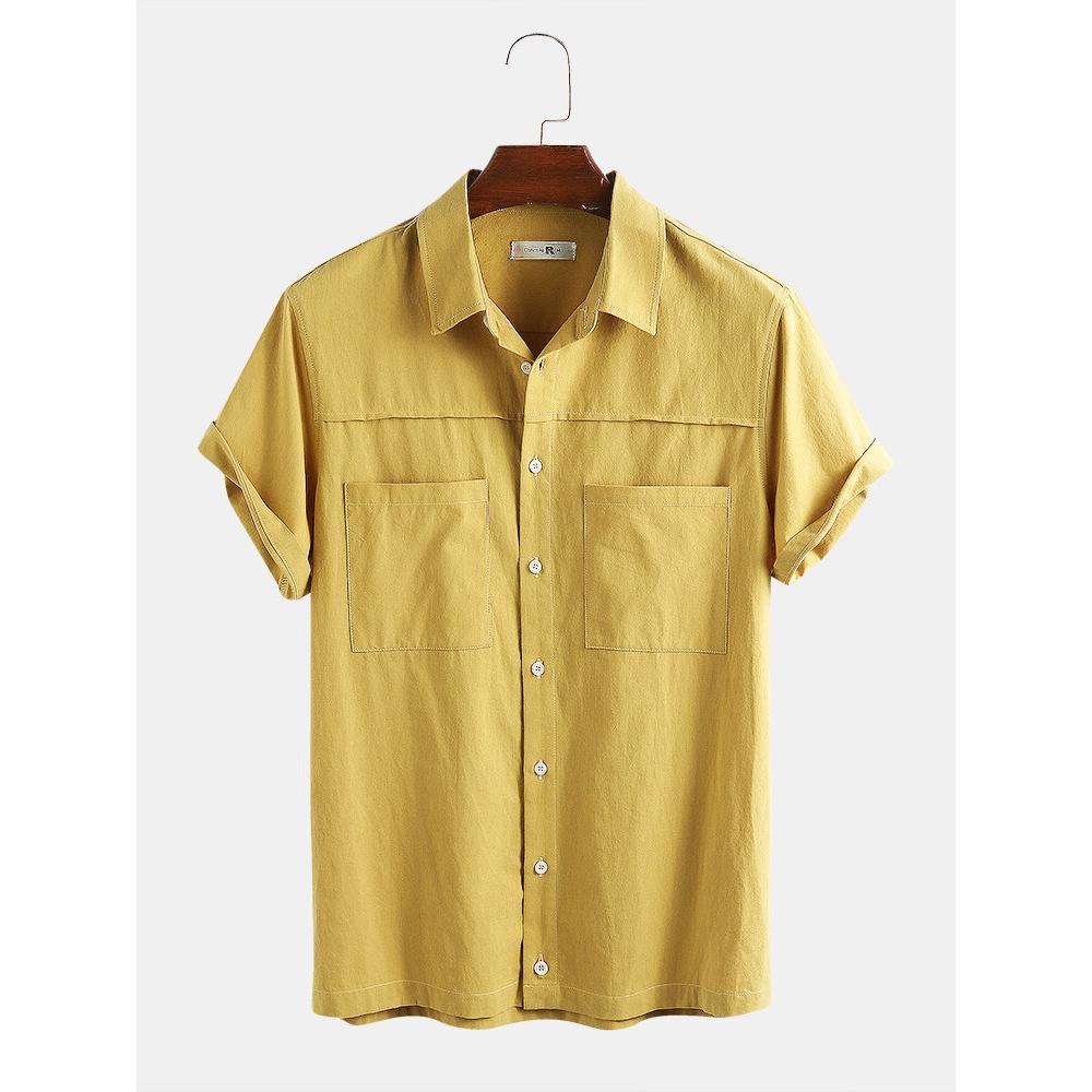 Mens Casual 100% Cotton Solid Color Breathable Short Sleeve Shirts - Green XL