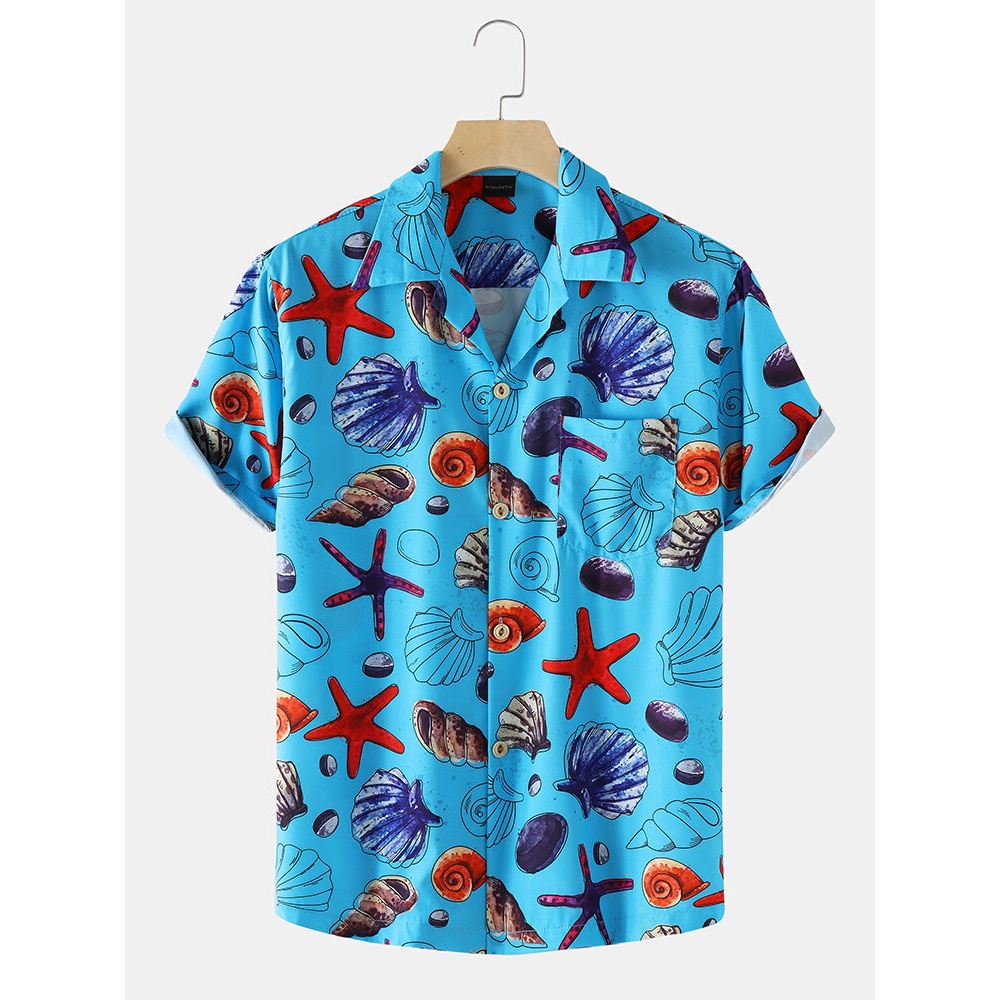 Mens Holiday Starfish Ocean Element Print Revere Collar Shirts - White S