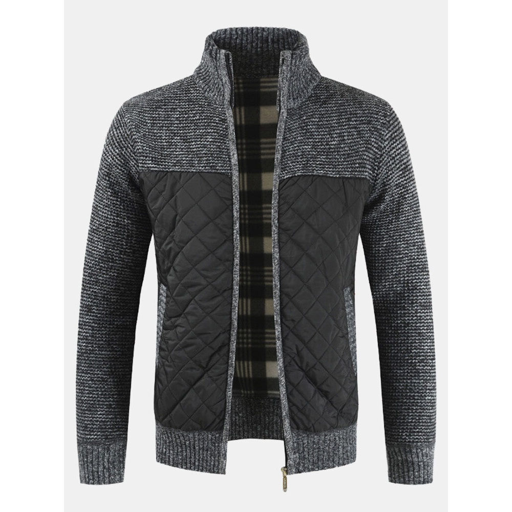 Mens Winter Casual Fleece Thick Stitching Knitted Coats Stand Collar Warm Jacket - S Black