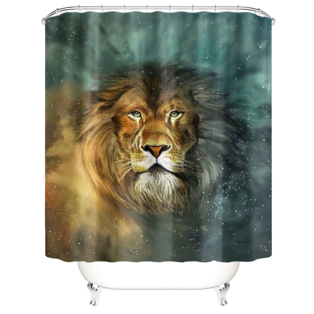 Waterproof Lion Galaxy Star Pattern Shower Curtain Anti-skid Bathroom Pedestal Rug Lid Toilet Cover Bath Mat Set - 3PCS - Image 2