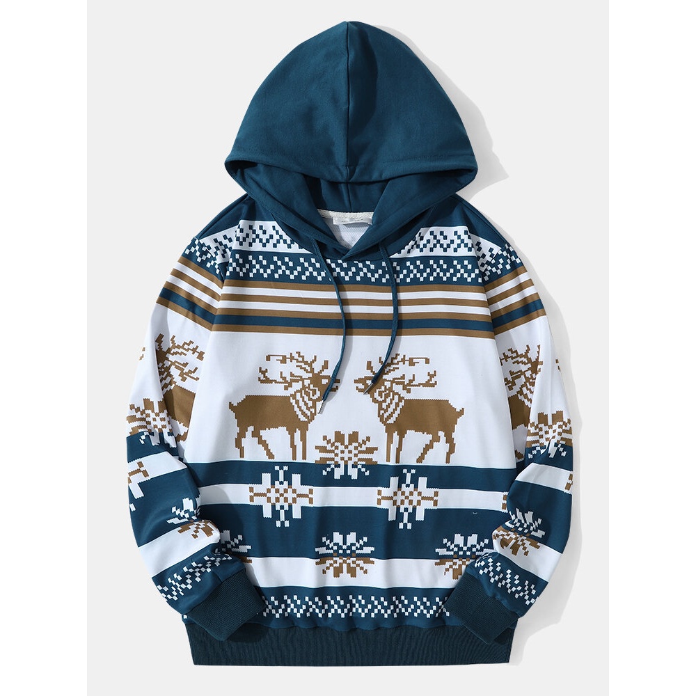 Men  Snow Elk Contrast Print Casual Hooded Sweatshirt - Dark Blue S