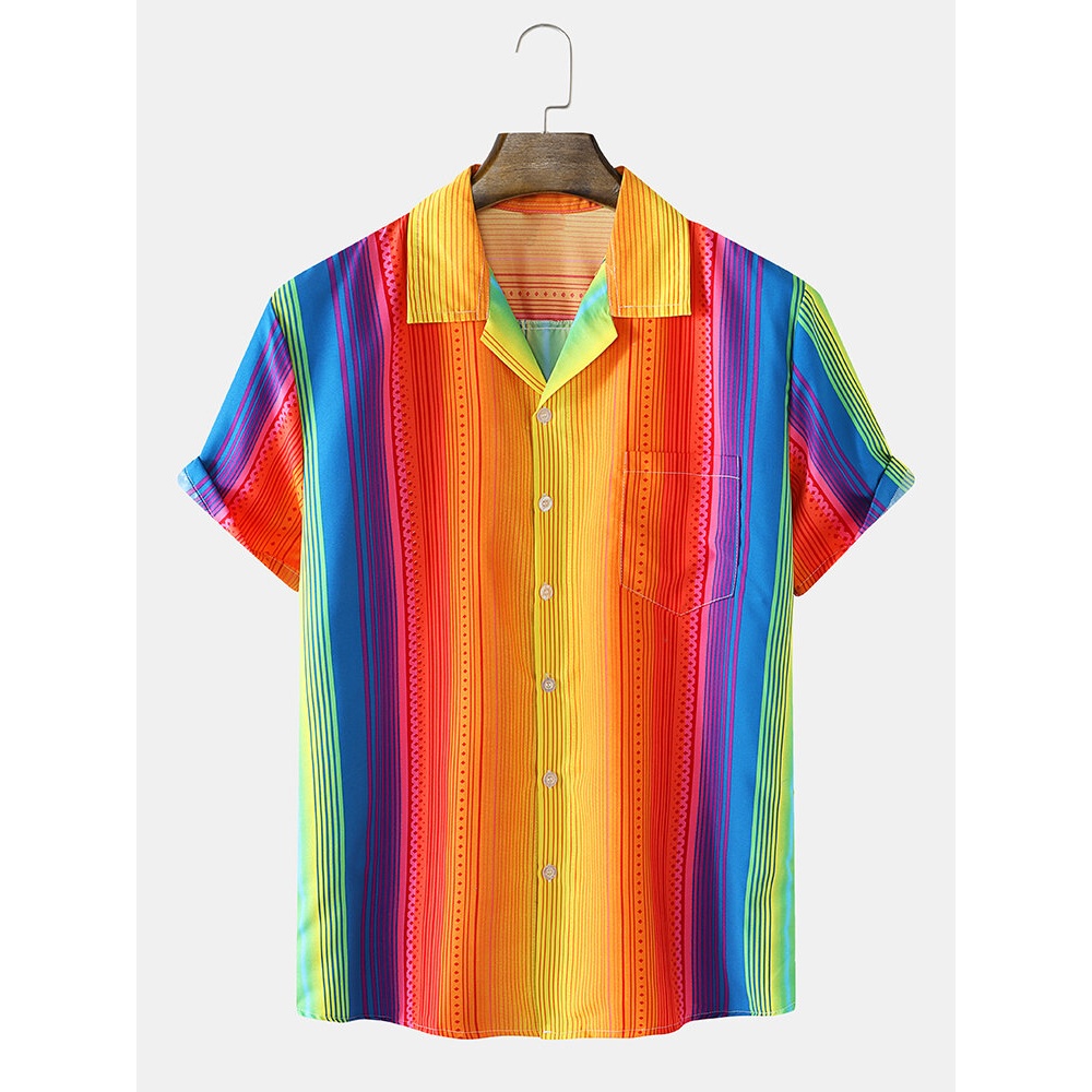 Mens Colorful Striped Revere Collar Pocket Street Short Sleeve Shirts - Colorful M