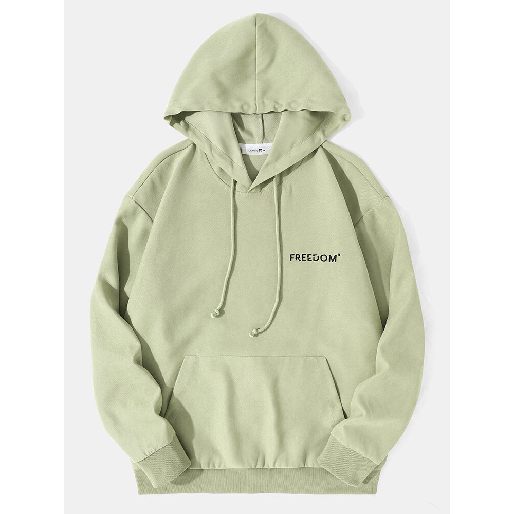 Men Solid Letter Drawstring Kangaroo Pocket Casual Hooded Sweatshirt - Light Green S