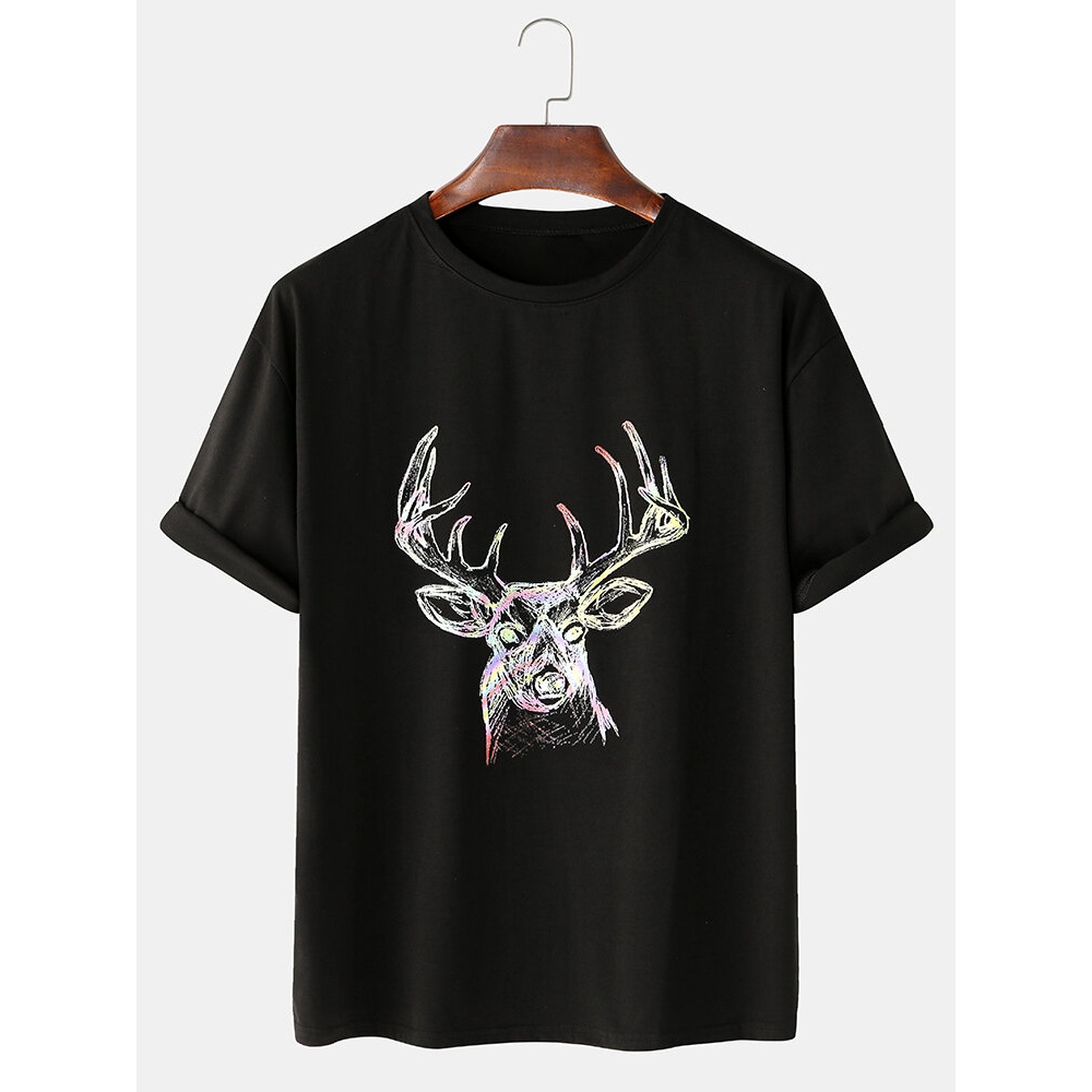 Colorful Elk Print Round Neck Casual Short Sleeve T-Shirts - White XL